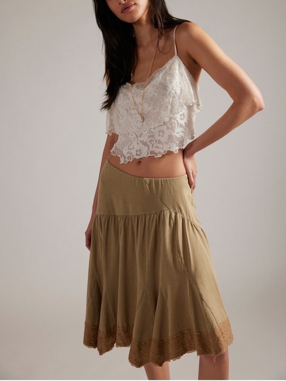 FREE PEOPLE Willow Knit Midi Skirt in Olive, NWT, size M - Picture 3 of 6